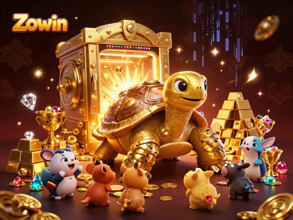 Zowin brings joy to players with a dynamic game scene, featuring a giant tortoise pinball machine and treasure everywhere.