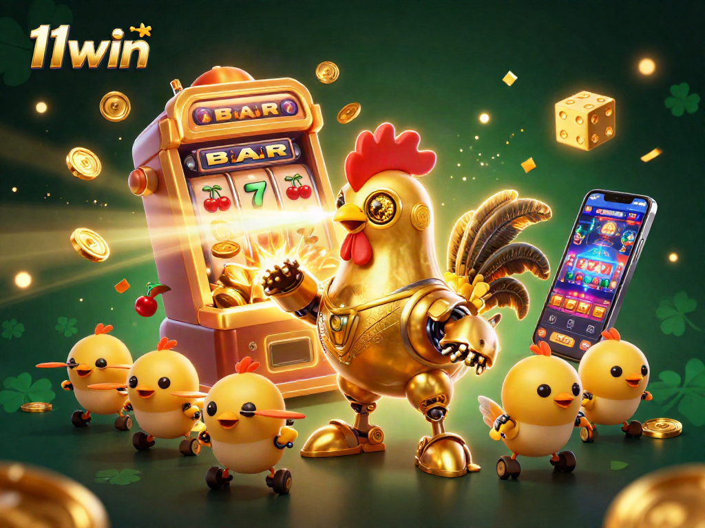 Experience the thrill of 11win with a vibrant 3D illustration showcasing a golden rooster robot amidst a jackpot explosion.
