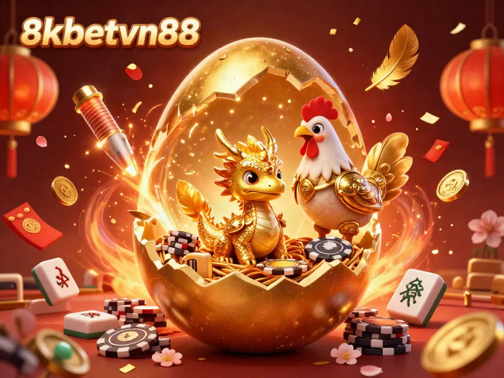 Experience the excitement of gaming at 8xbetvn88 featuring a golden dragon and festive casino elements.