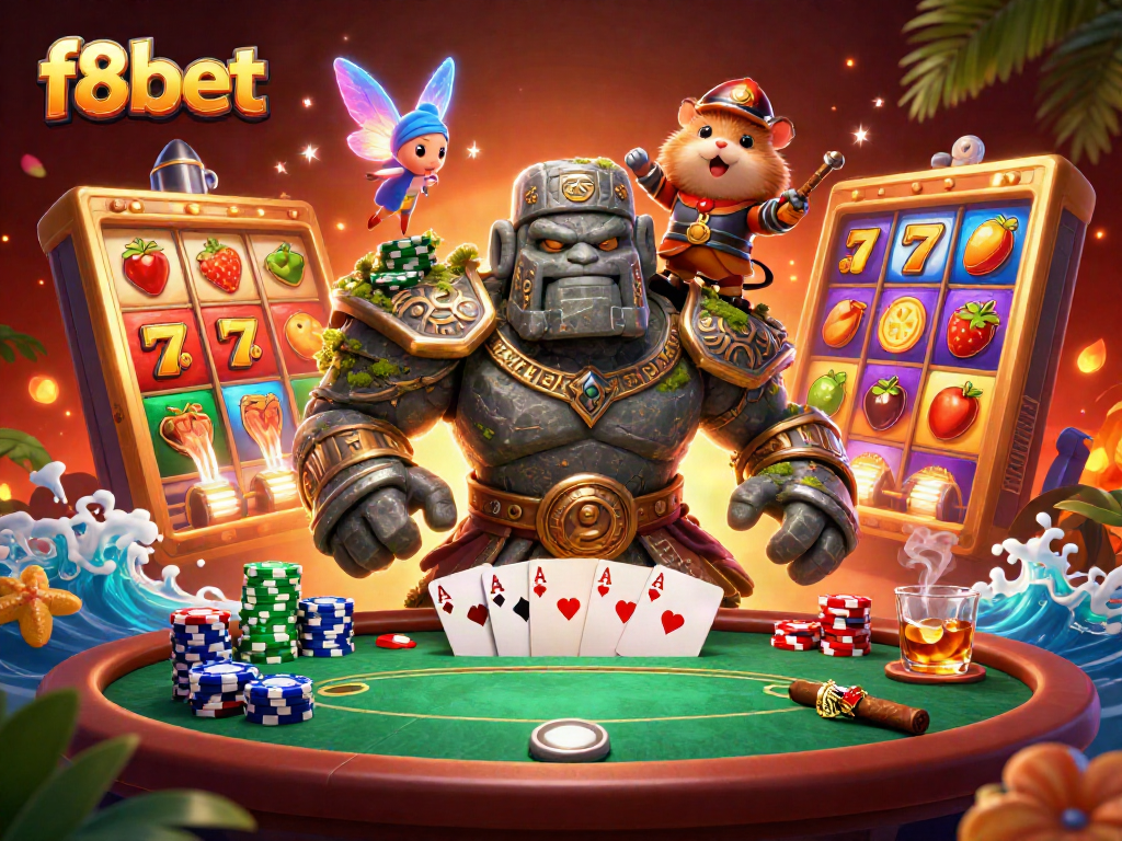 Experience excitement with f8bet's vibrant casino scene featuring a magical golem.
