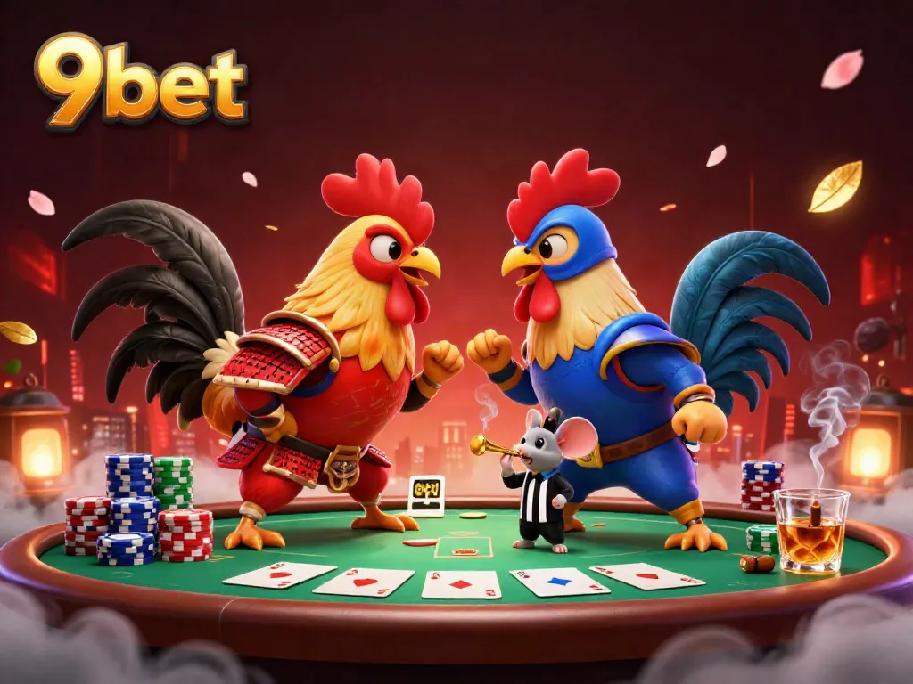 Engage in thrilling 9bet poker action with intense roosters facing off at the table.