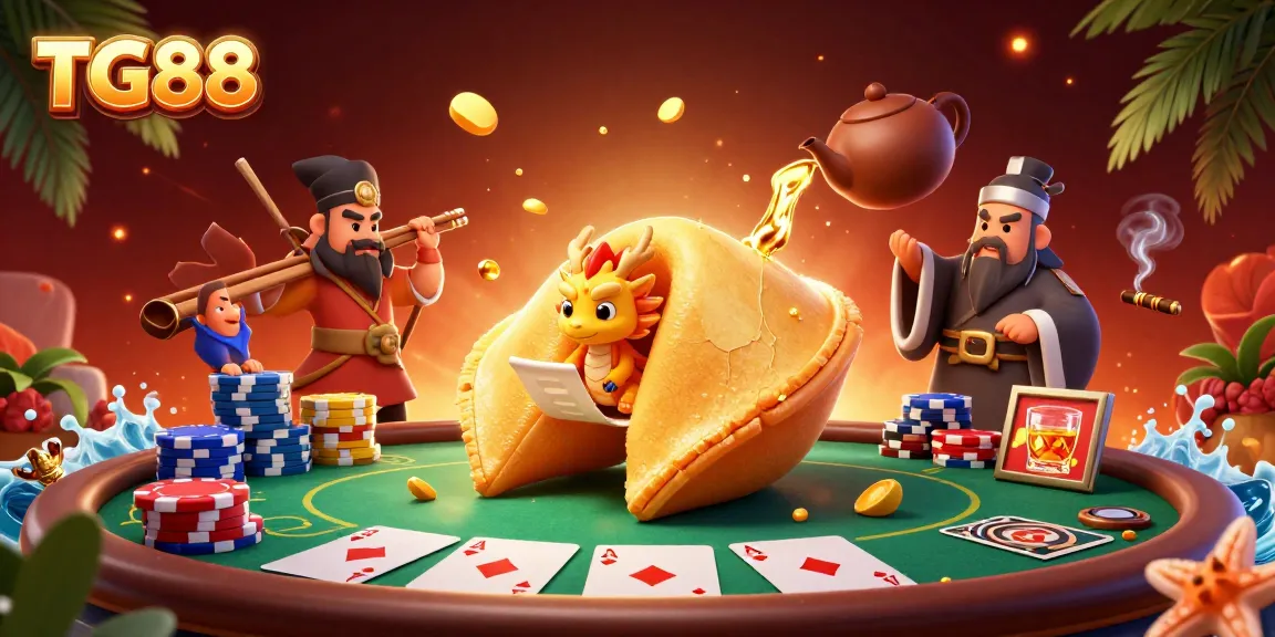 Experience the gaming adventure at TG88 with a dynamic 3D illustration featuring poker action and magical characters.