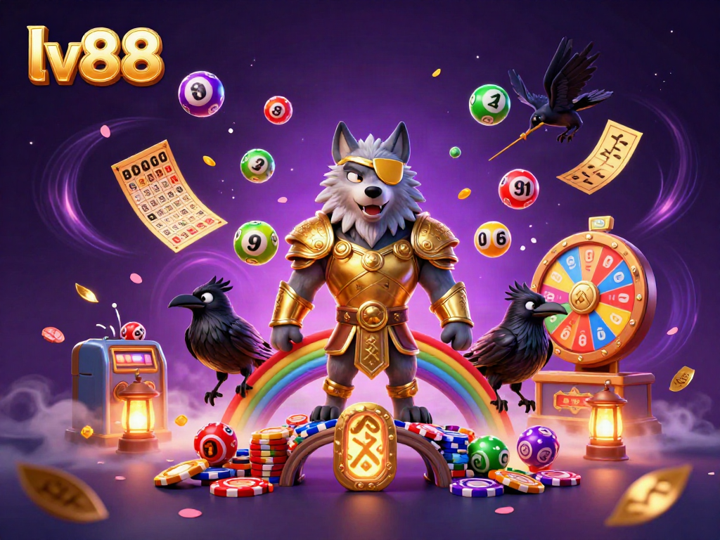 Experience the excitement of lv88 with a vibrant illustration of casino themes and Norse mythology-inspired characters.