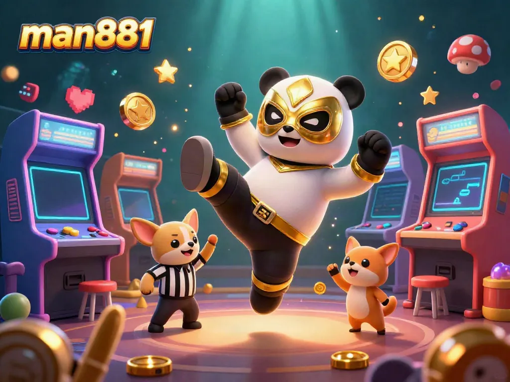 Engaging scene of man881 featuring a wrestler panda and chihuahua referee in an energetic casino setting.