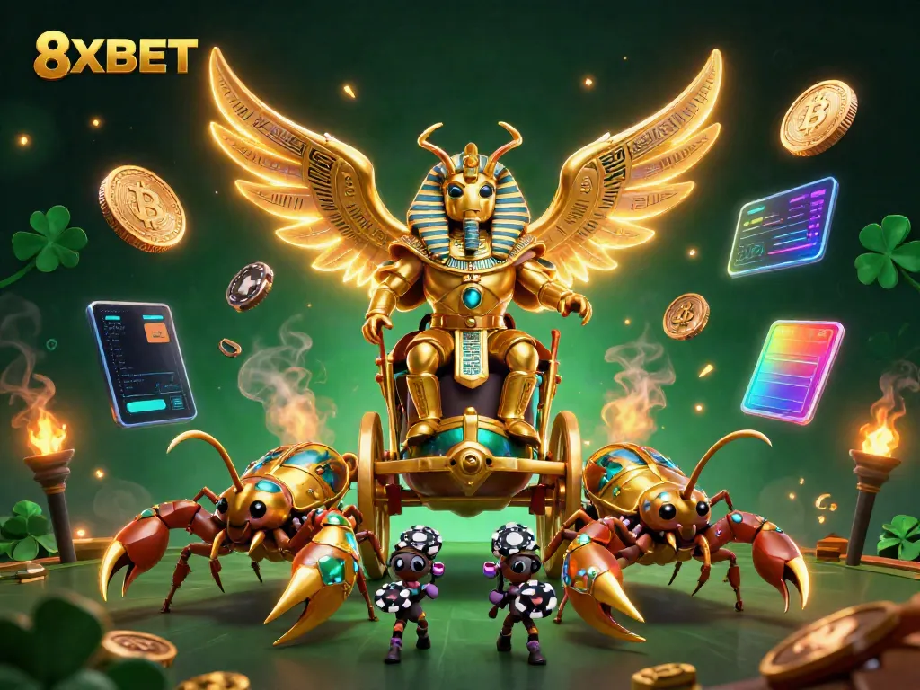Experience the thrilling energy of 8XBET with elaborate casino characters and cryptocurrency elements.