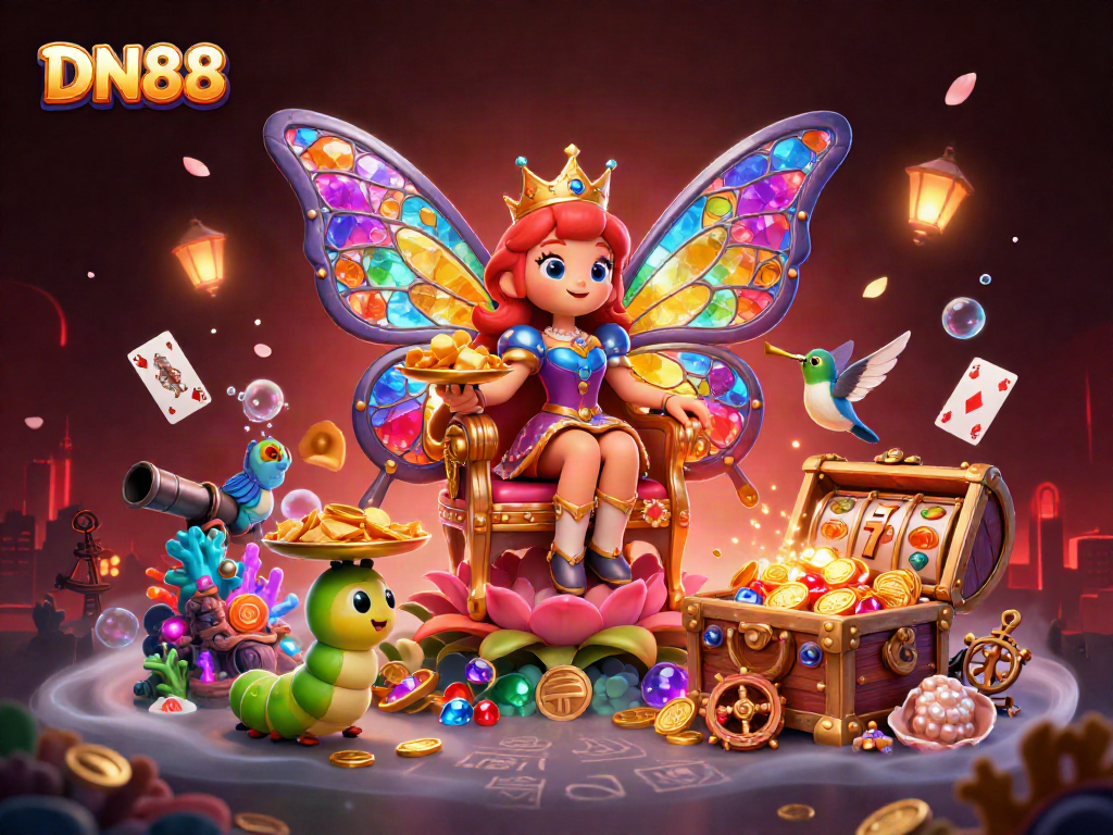 Win big with DN88 in this vibrant, detailed casino-themed illustration filled with gaming excitement.