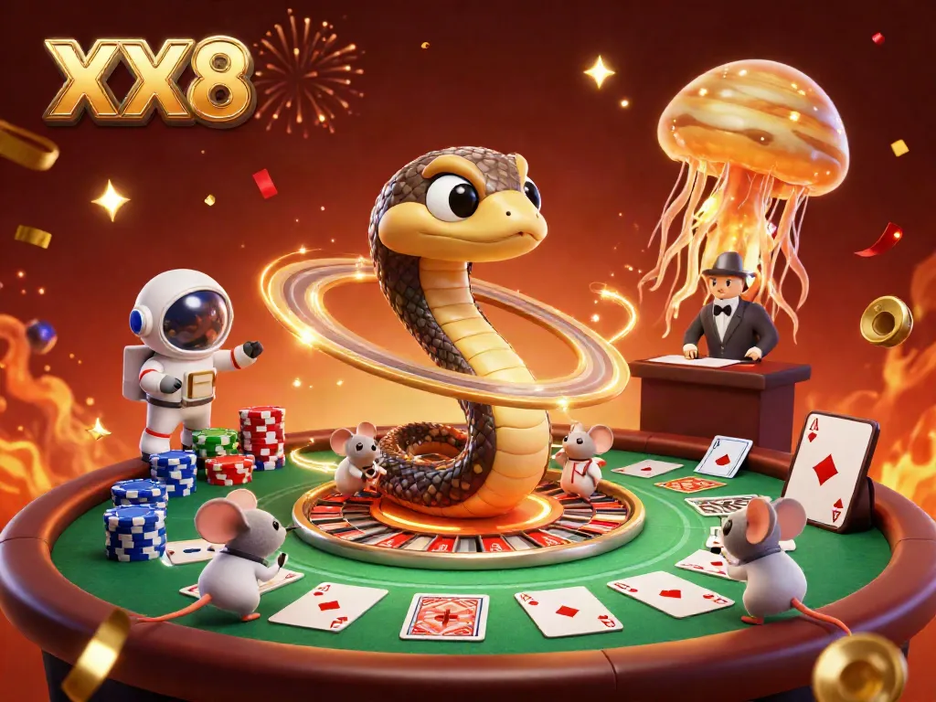 Engaging scene with the XX8 Saturn ring snake and betting astronaut mice at a cosmic poker table.