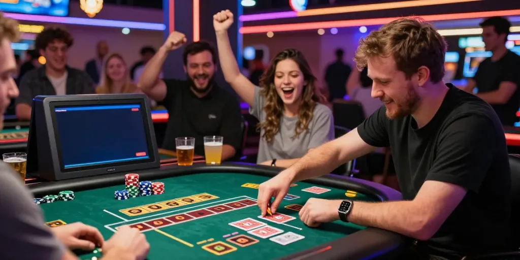 Engaging player at a non GamStop casino table with friends and vibrant decor.