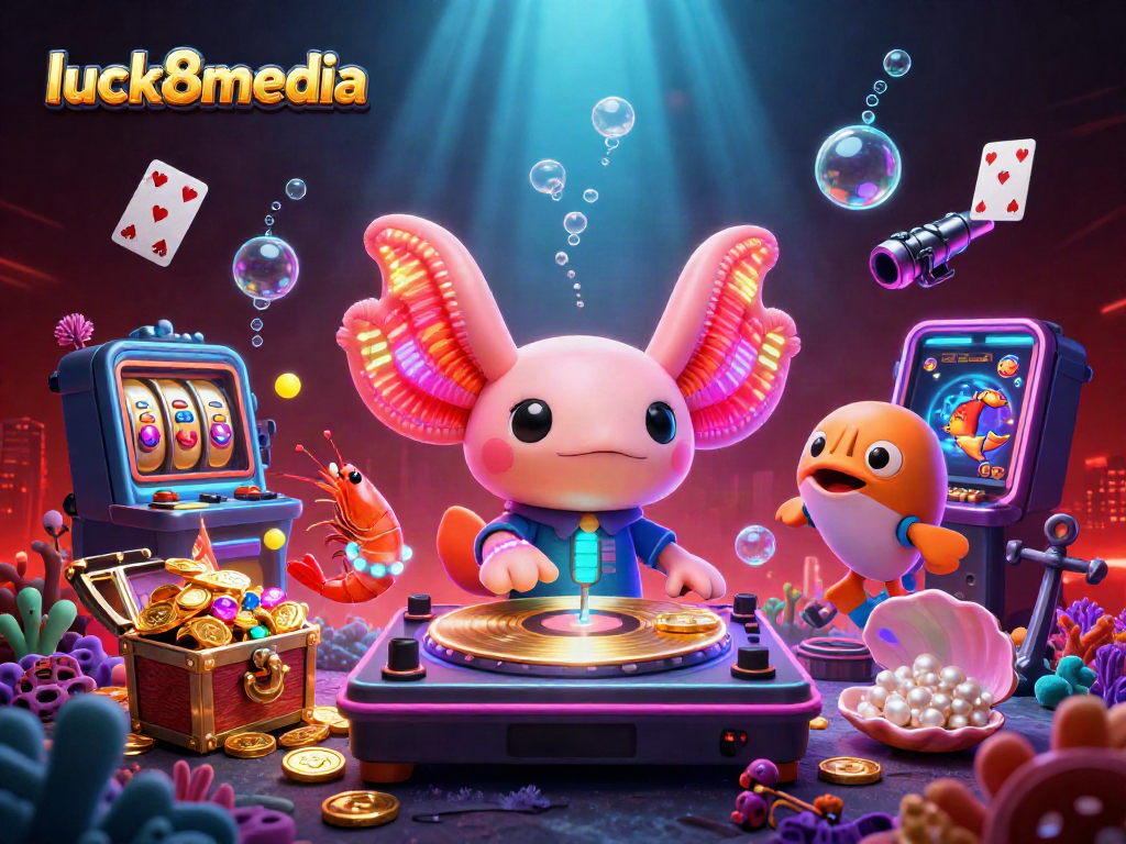 See the luck8media axolotl DJ spinning records amidst a colorful casino scene