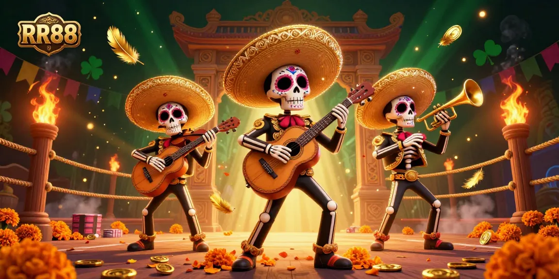 Engage in thrilling gameplay with RR88’s vibrant, dynamic casino atmosphere and lively mariachi band illustration.