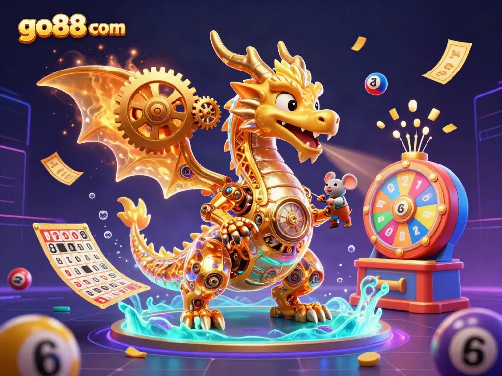 Engage with go88 com in a vibrant lottery and casino world filled with colorful elements and a mythical dragon.