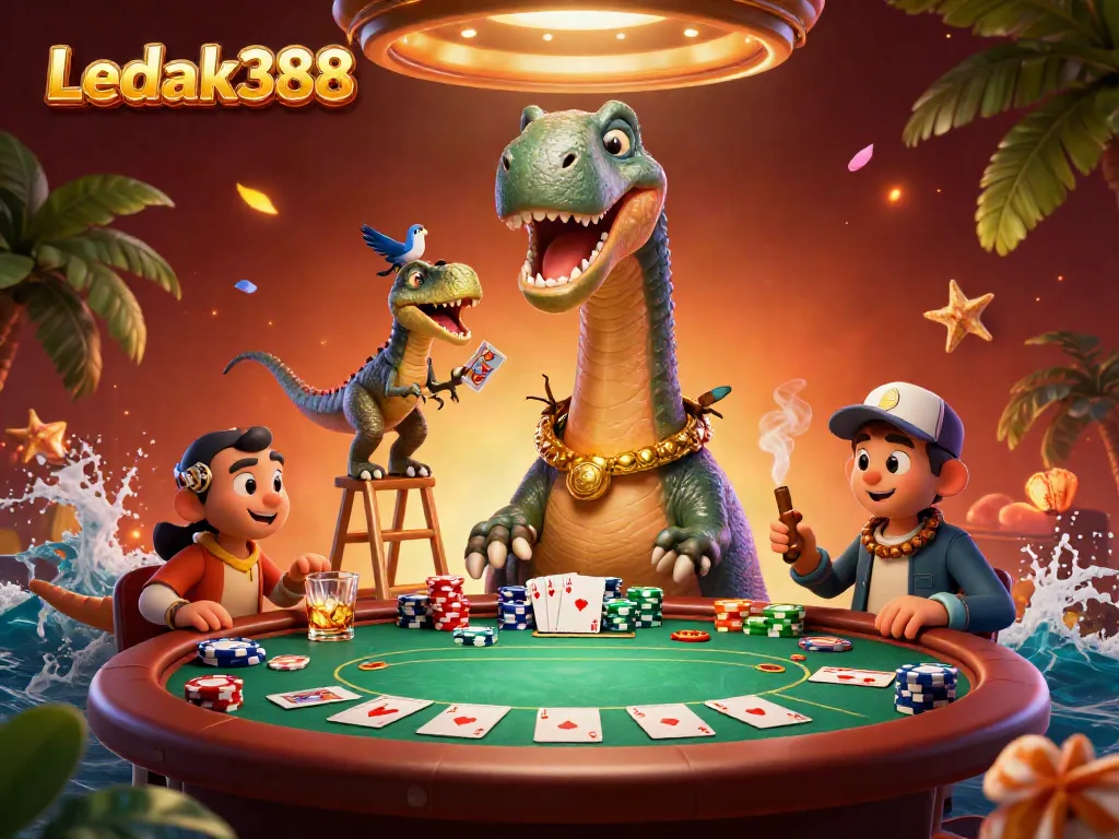 Experience thrilling action with Ledak388 as a giant brontosaurus overlooks a unique poker game scene.