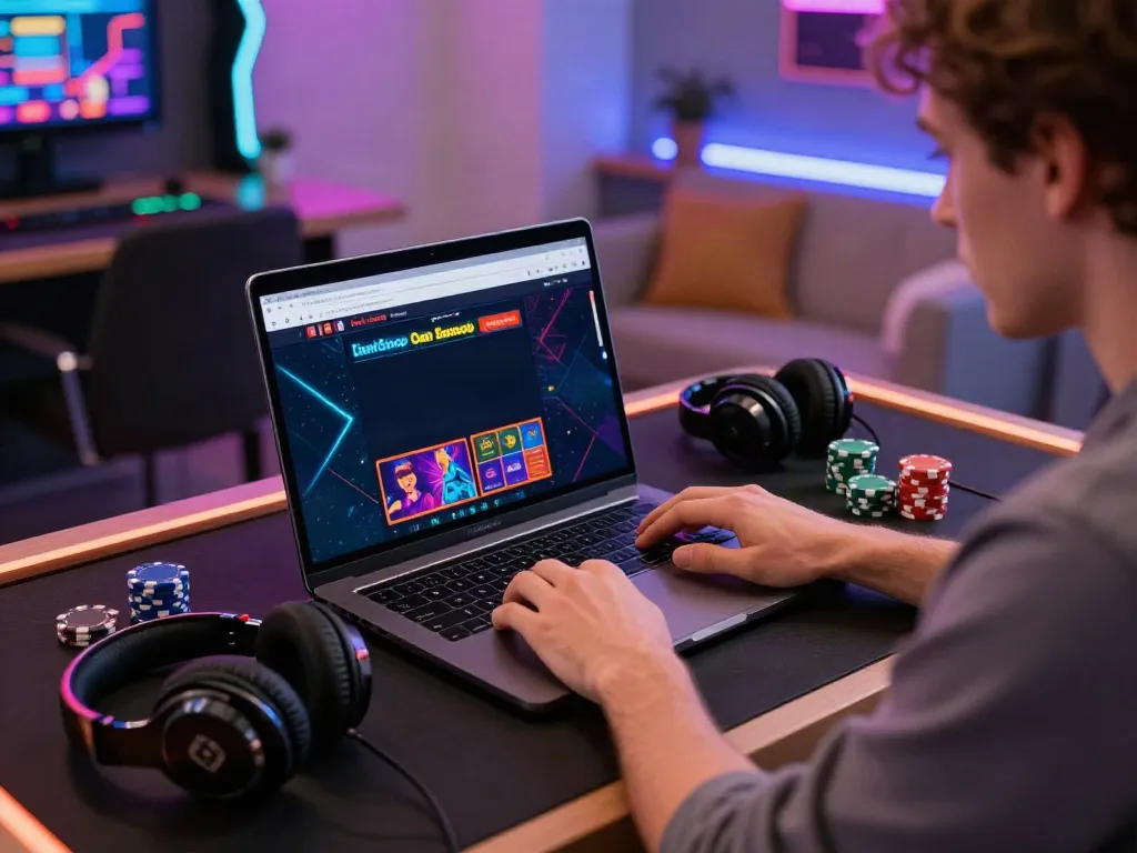 Player exploring non GamStop casinos on a sleek laptop in a vibrant home office.