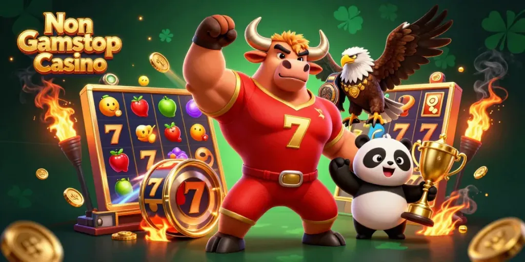 Engage in Non Gamstop Casino action with a vibrant 3D illustration showcasing a victorious bull mascot and joyful characters amidst dynamic slot symbols and golden elements.