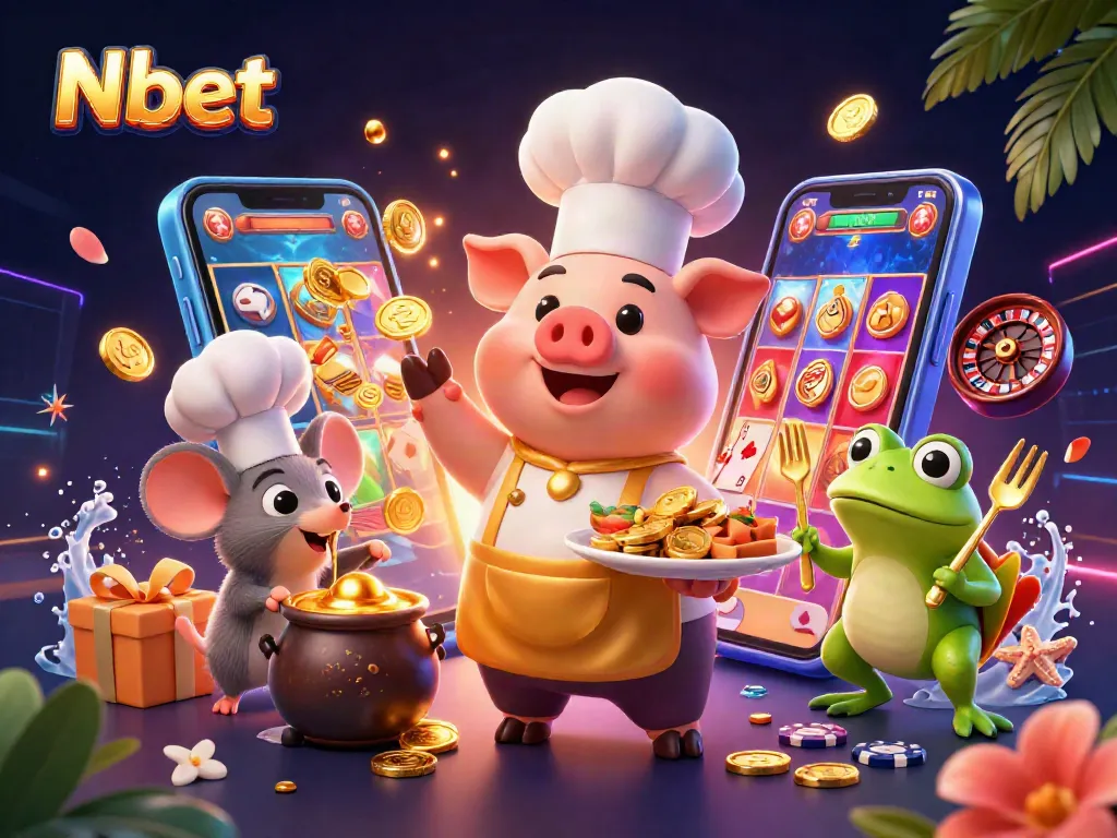 Engaging Nbet scene with a pig chef serving gold coins, surrounded by playful gaming elements.