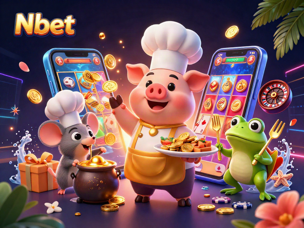 Engaging Nbet scene with a pig chef serving gold coins, surrounded by playful gaming elements.