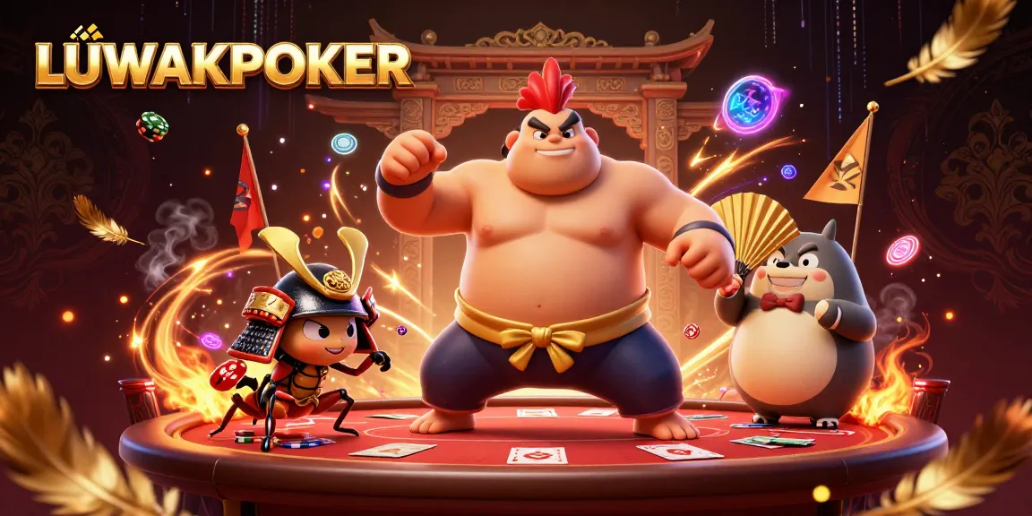 LUWAKPOKER scene showcases a powerful sumo wrestler rooster and samurai cricket at a vibrant poker table.