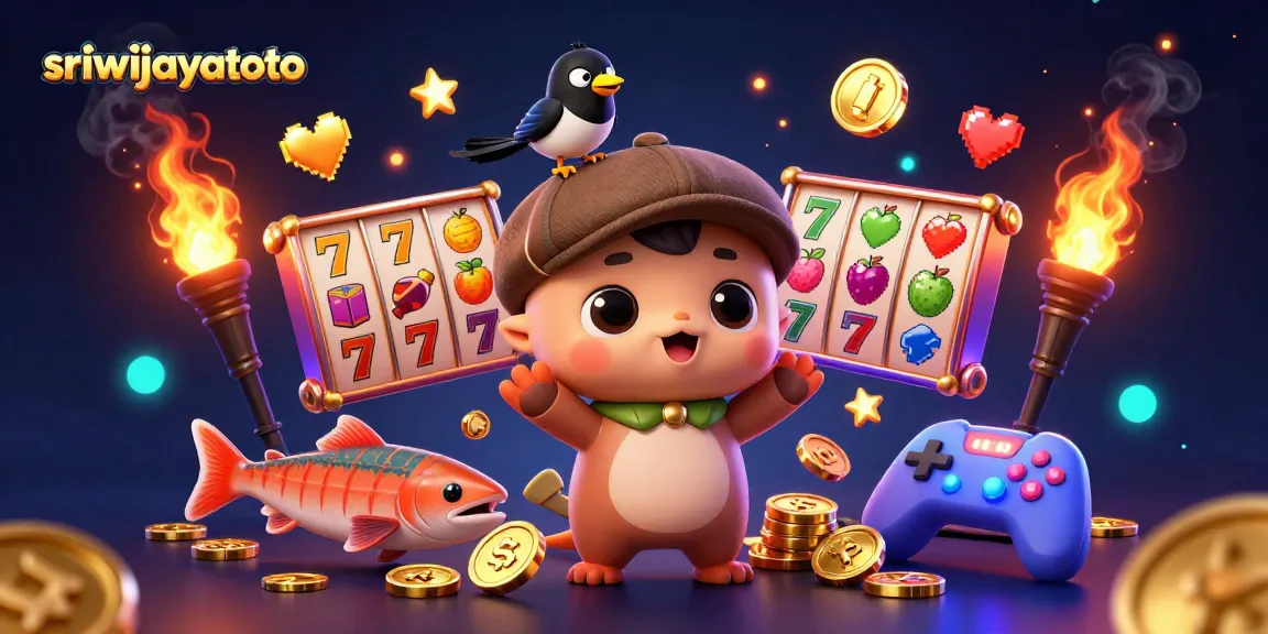 Sriwijayatoto offers a vibrant scene of a playful Loch Ness monster and colorful slot machines highlighting exciting wins.