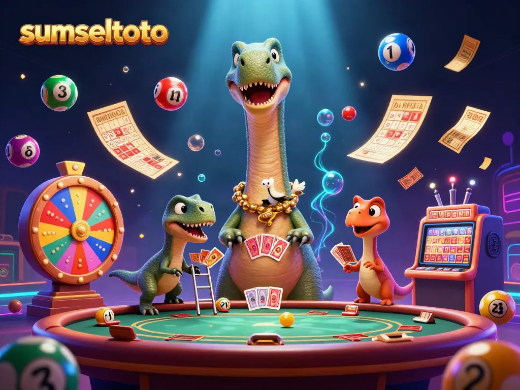 Experience the excitement of sumseltoto with a giant brontosaurus in a vibrant casino scene.