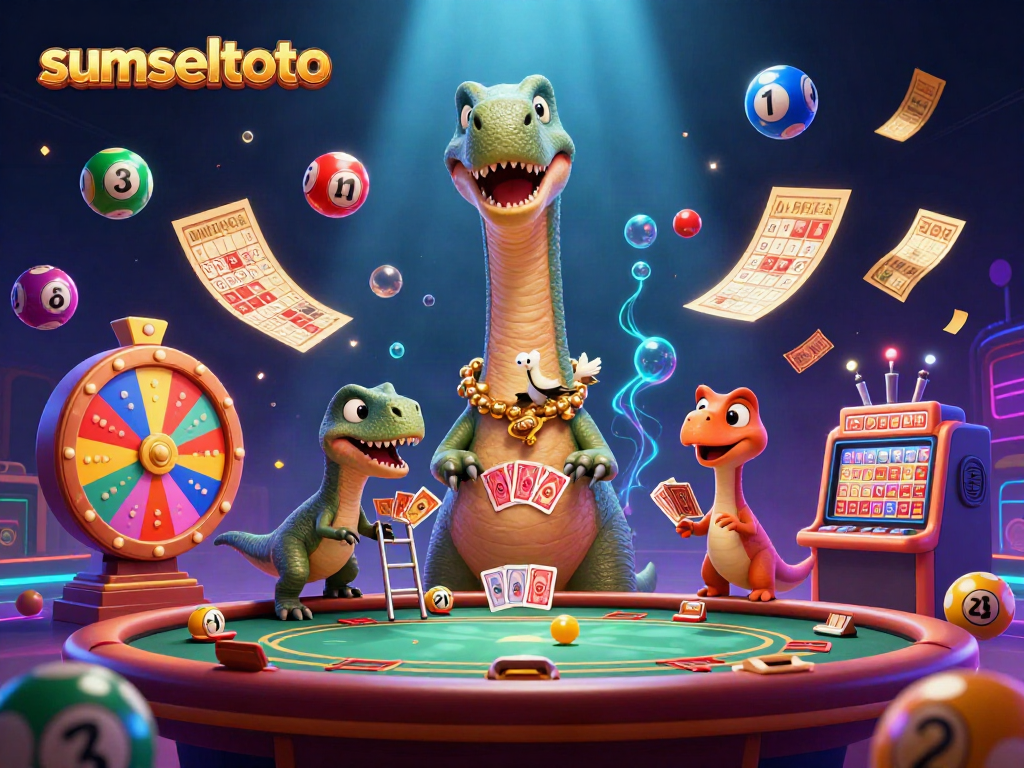 Experience the excitement of sumseltoto with a giant brontosaurus in a vibrant casino scene.