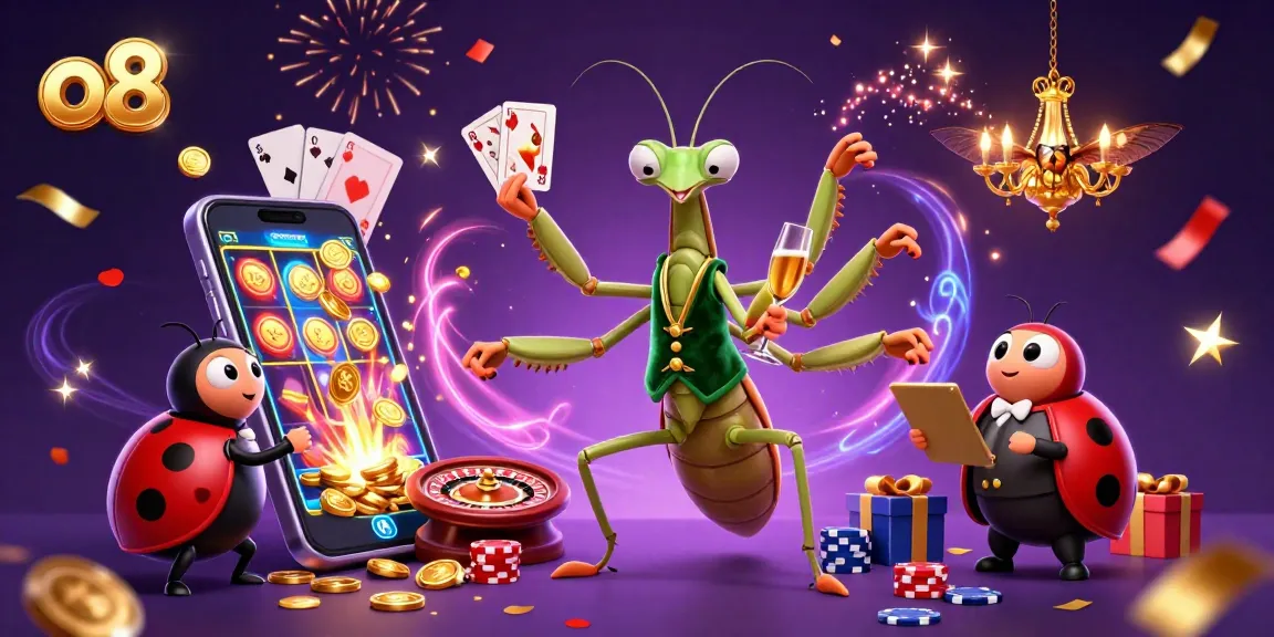 o8 giant praying mantis card sharp with ladybug pit boss in a vibrant casino scene