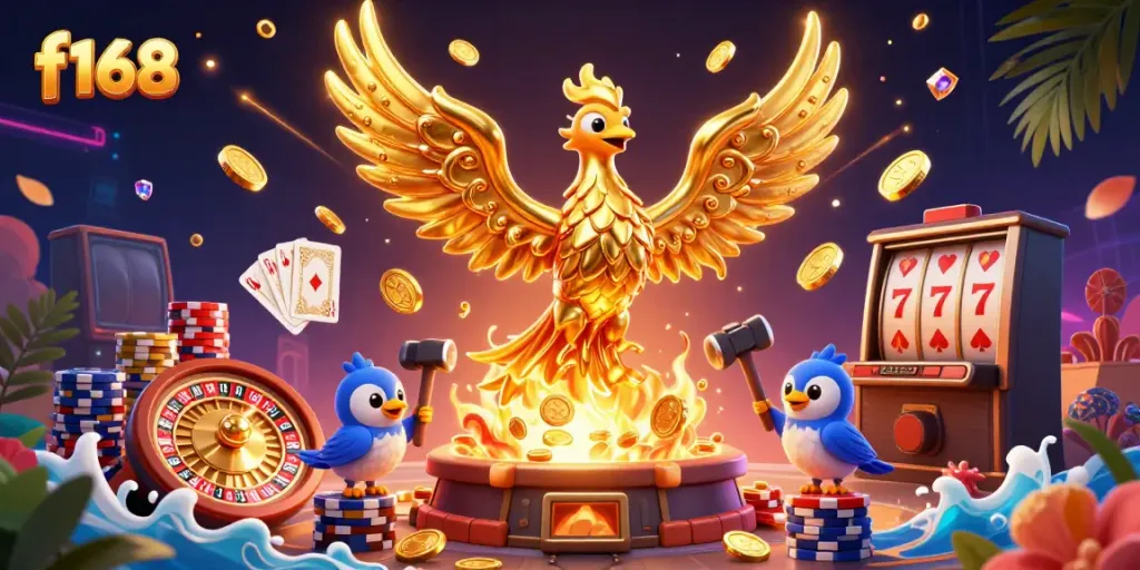 Experience the thrill of f168 gaming with a vibrant casino scene showcasing molten gold and riches.