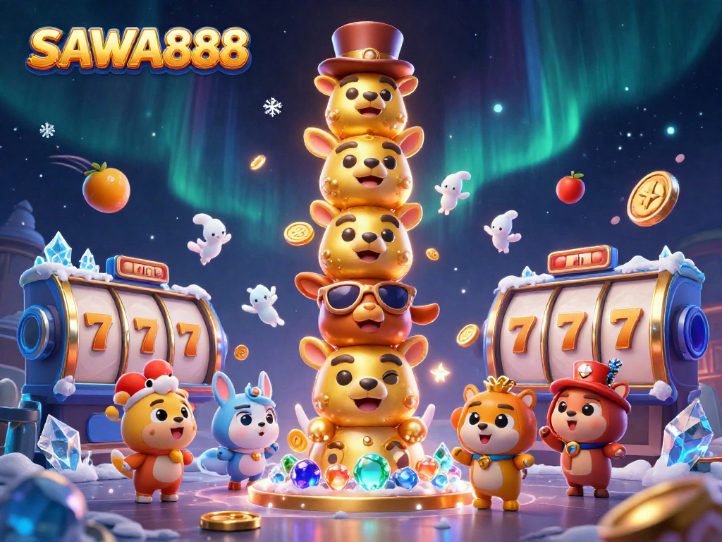 Engage with exciting slot games at SAWA888 through vibrant 3D illustrations showcasing dynamic totem poles and casino elements.