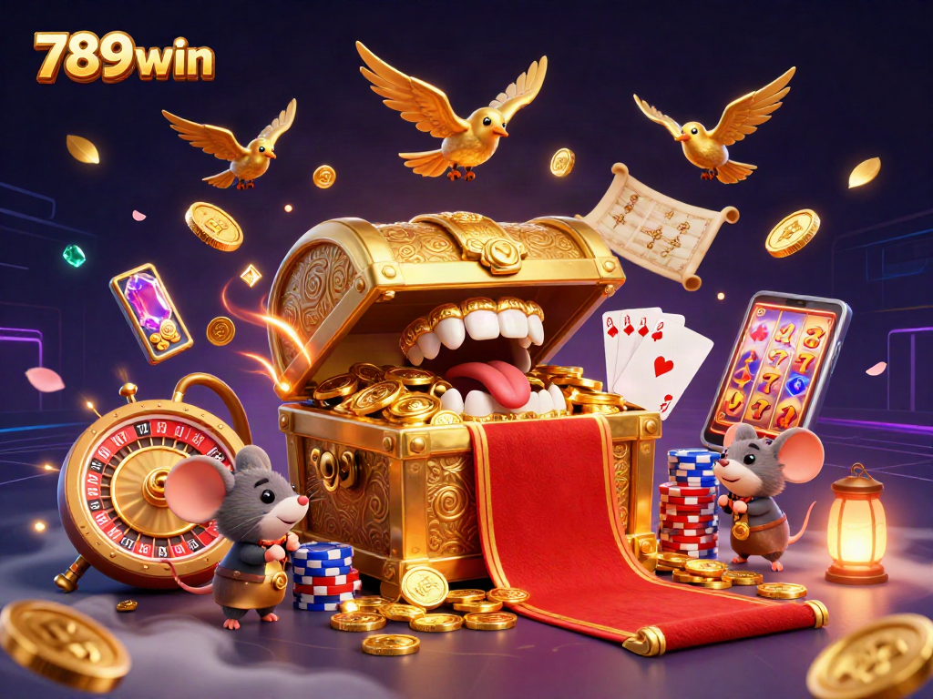Win big at 789win with a dazzling casino scene featuring treasure and spinning roulette!