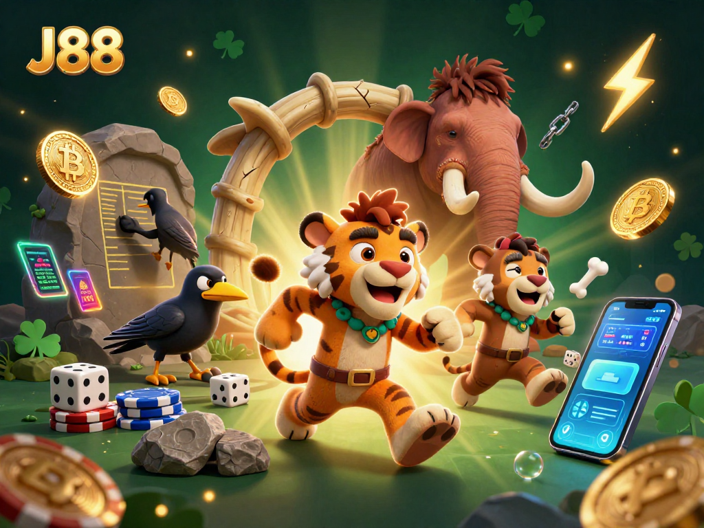 J88 players winning big at a vibrant prehistoric casino with 3D characters and glimmering crypto elements.