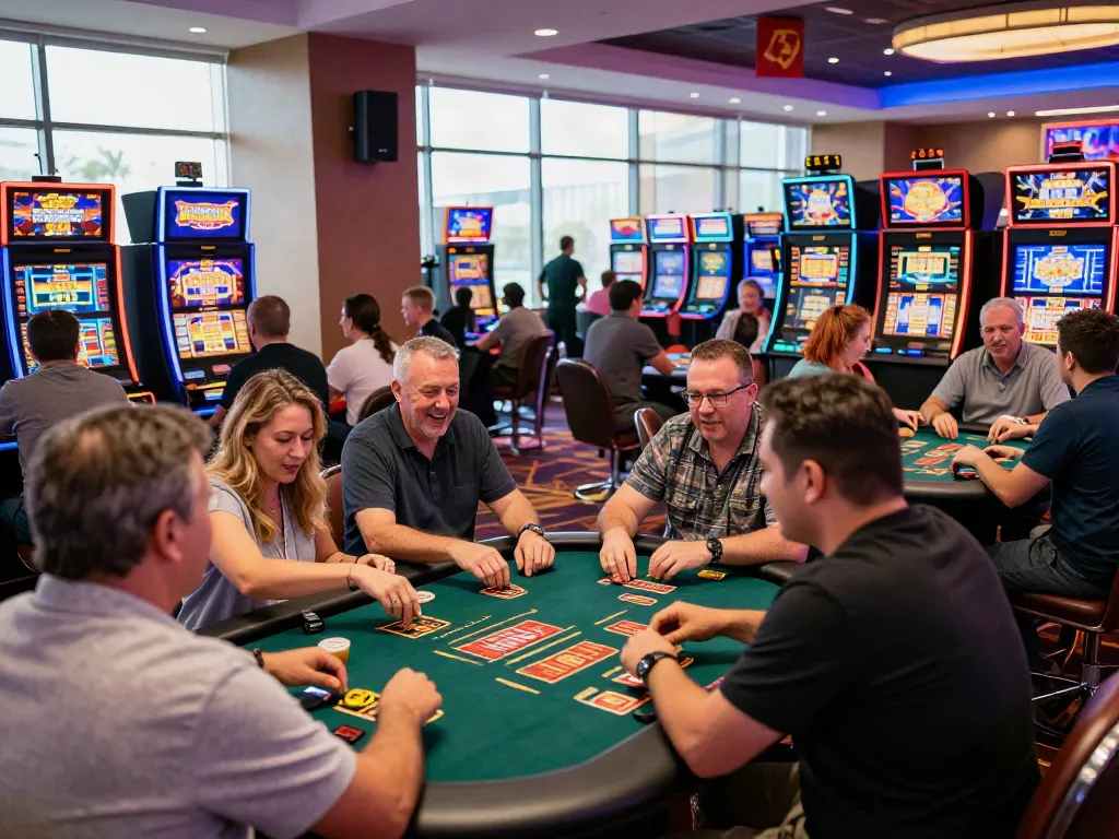 Players enjoying vibrant gaming at non GamStop casinos with lively atmosphere and diverse activities.