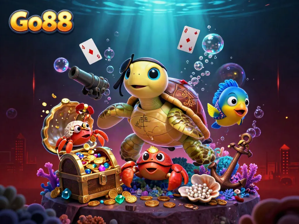 Engage with Go88's adventurous gaming world featuring a pirate turtle and treasure.