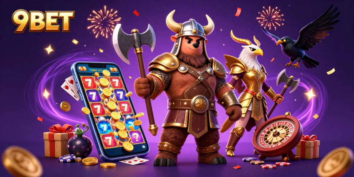 Engage with 9BET's slots and games featuring a Viking, eagle, and coins in this vibrant scene.