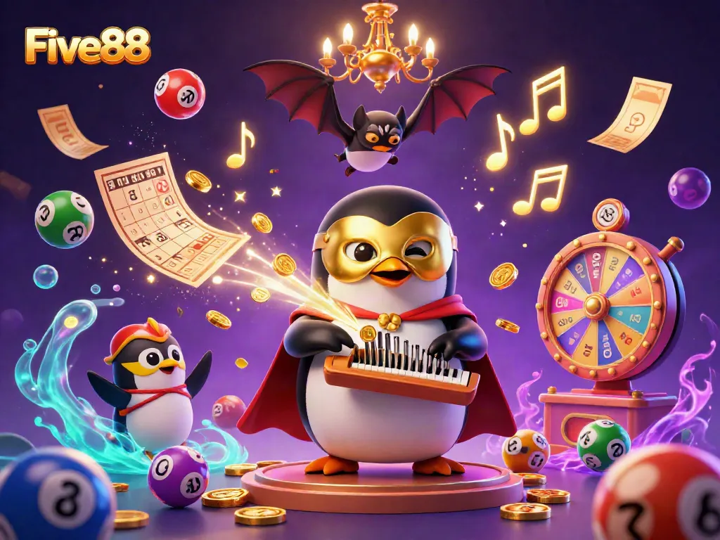 Win big at Five88 with exciting games and lively illustration of a penguin playing an organ.