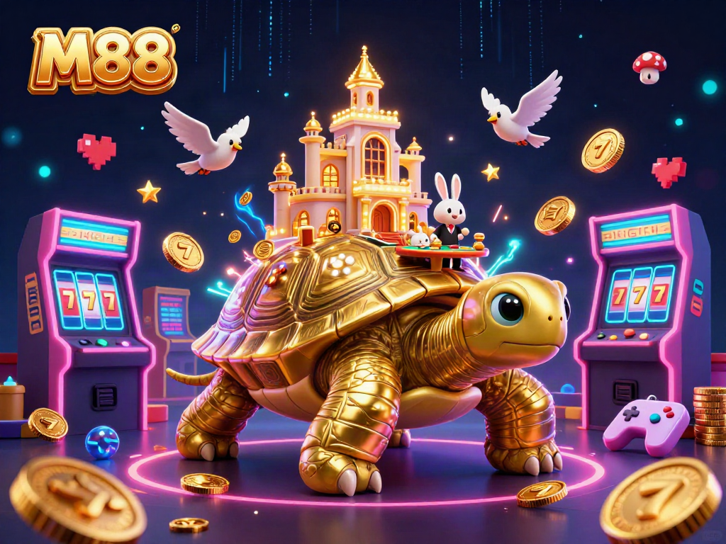 M88 showcases vibrant casino action with a golden tortoise and rabbit dealer amidst gaming elements.
