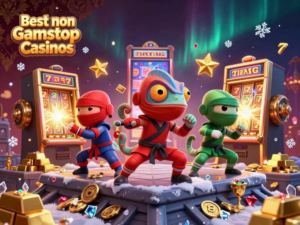Experience thrilling action with the Best non Gamstop Casinos featuring ninja chameleons showcasing their skills amidst vibrant slot machines and treasure.