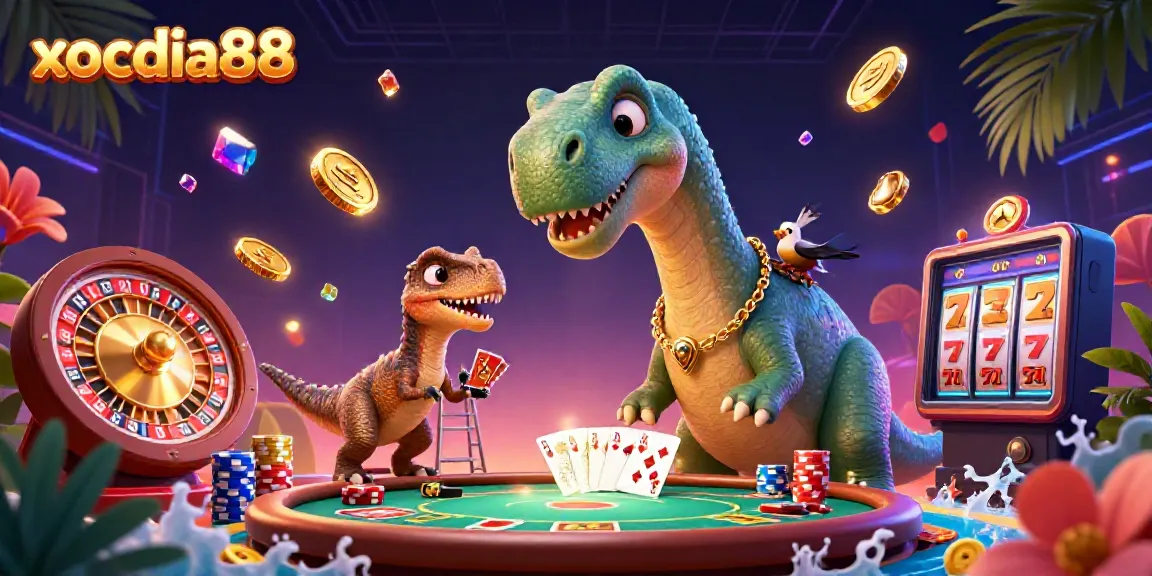 xocdia88 showcases a whimsical casino scene with a towering dinosaur and dynamic card dealing.