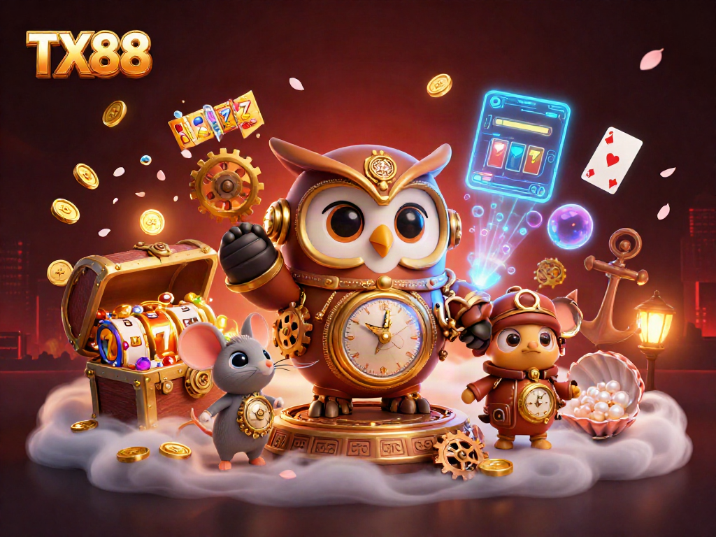 Experience the vibrant TX88 casino action with gold coins, slot reels, and lively characters!