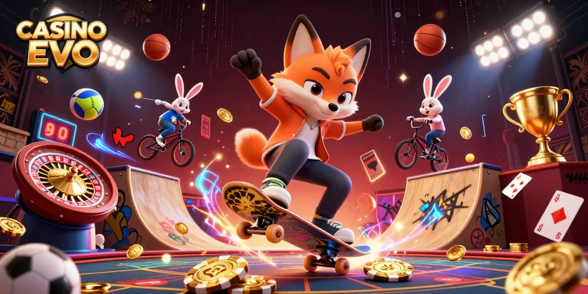 Engage in thrilling live casino action with CASINO EVO as the fox skateboarder flips over golden poker chips.