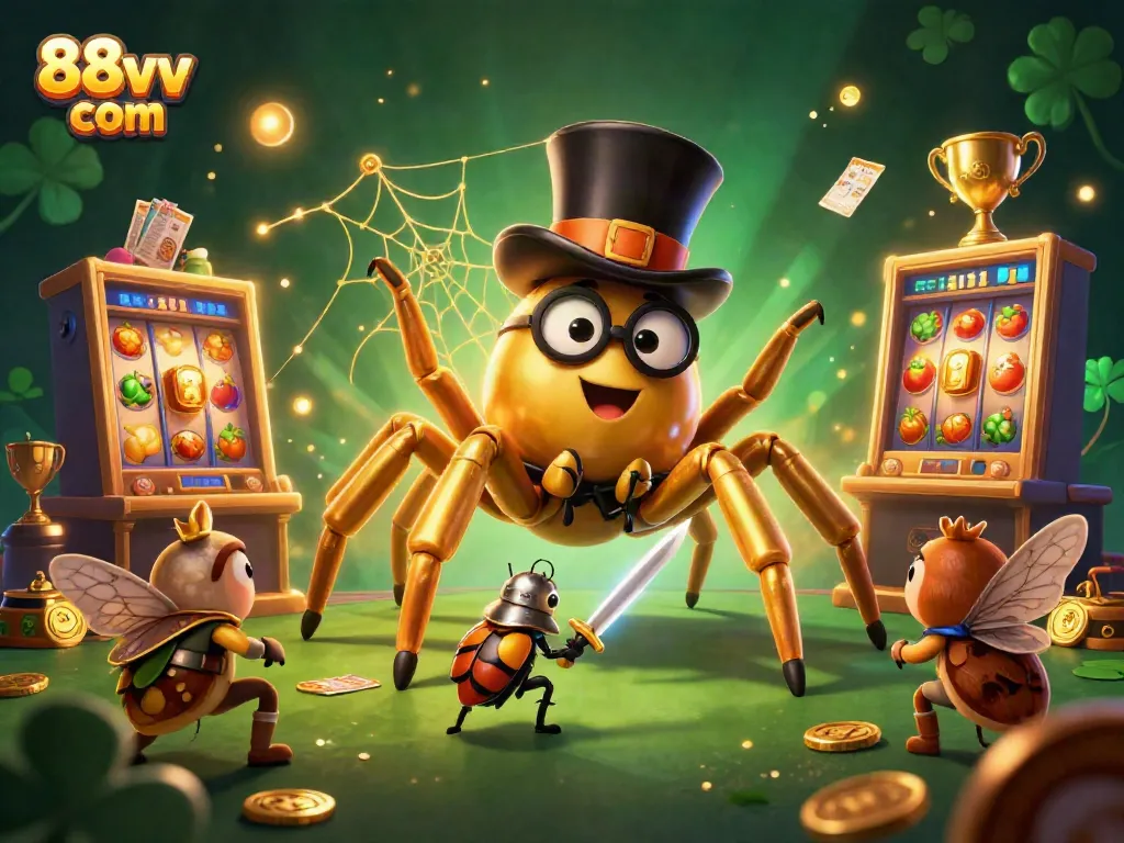 Engage with thrilling games at 88vv com while witnessing a vibrant casino scene with a golden tarantula.
