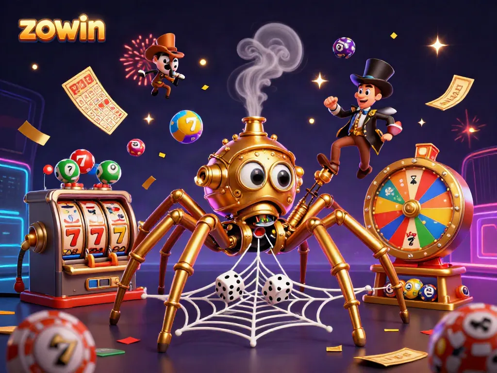 Experience thrilling wins at ZOWIN with a steampunk spider and cascading slot reels.