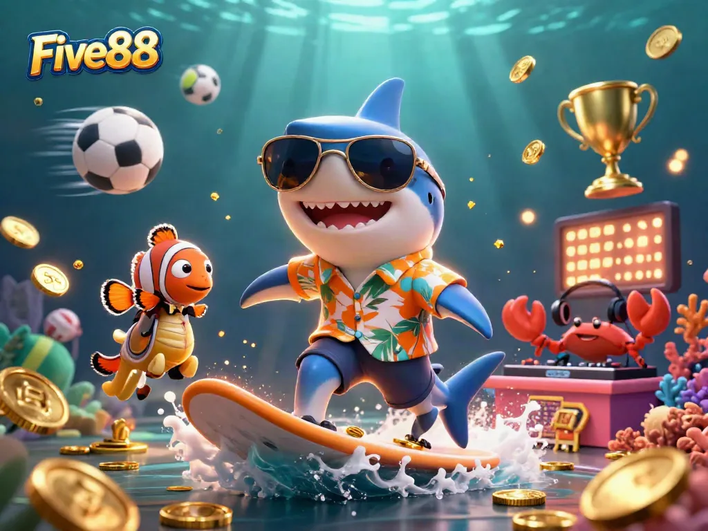 Experience thrill with Five88's vibrant oceanic scene featuring cartoon characters amidst casino elements.