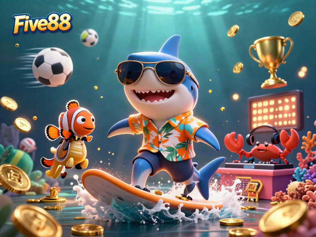 Experience thrill with Five88's vibrant oceanic scene featuring cartoon characters amidst casino elements.