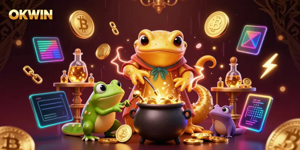 Engage in winning strategies at OKWIN with golden alchemy and vibrant crypto elements.
