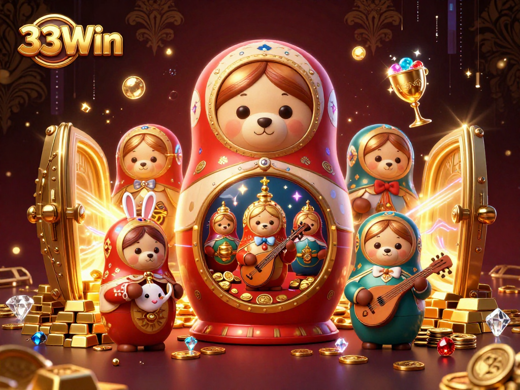 Engage with the vibrant world of 33Win illustrated by a 3D Russian Matryoshka bear in a casino setting.