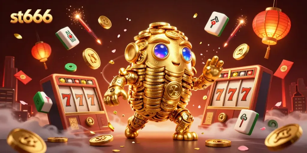 Experience vibrant 3D action at st666 with animated golden golem amidst slot symbols and festive decorations.