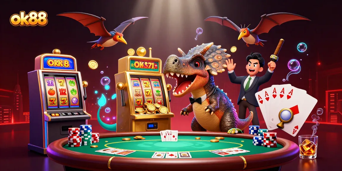 ok88 jackpot celebration with cartoon dinosaurs and exciting casino elements