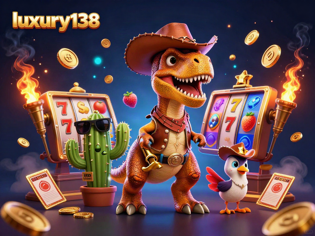 Experience exciting gameplay with luxury138's thrilling slot adventure featuring a colorful T-Rex, cactus, and roadrunner.