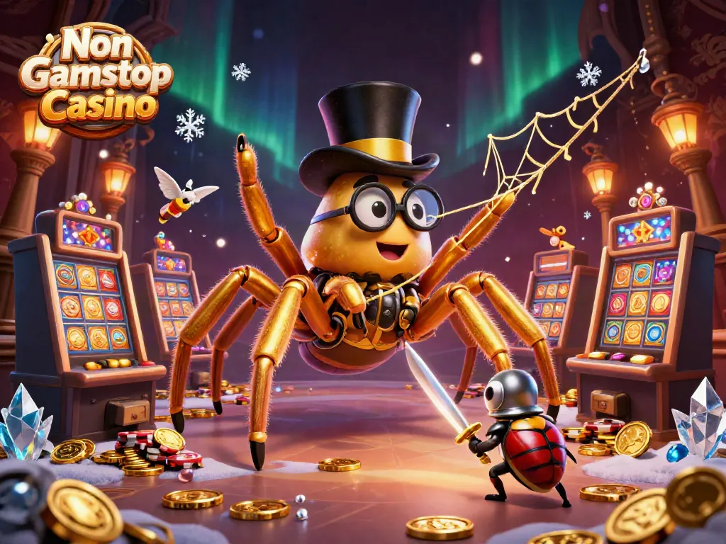 Experience excitement at Non Gamstop Casino with a giant golden tarantula and beetle knight amid slot machines.