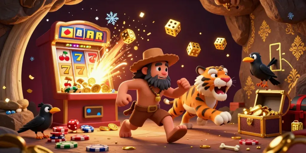 Engage with exciting go8 casino adventures as a caveman and sabertooth tiger run a vibrant prehistoric gaming scene.