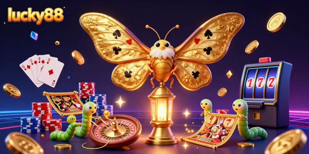 Experience the thrilling world of lucky88, featuring vibrant casino elements and an enchanting moth motif.